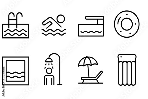 Swimming pool icon set for summer vacation and leisure. Line icons for web and graphic design. Vector bundle with swimmer, diving board, shower, and inflatable ring.