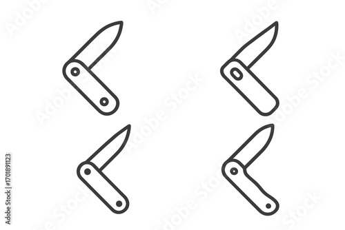 Folding knife icon set. Pocketknife thin line outline signs for camping, hiking, and survival themes. Vector graphic element for web design, apps, UI, UX. Minimalist tool symbol.
