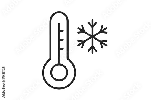 Thermometer with snowflake icon showing cold weather temperature. Vector line art symbol for winter, freezing, and frost. Minimalist meteorology sign for climate forecast.