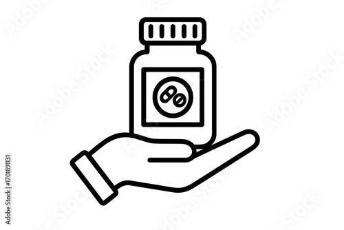 Hand holding pill bottle icon. Medicine, pharmacy, and healthcare concept. Medical prescription treatment symbol. Medication, vitamin, supplement, and drug dose vector illustration.