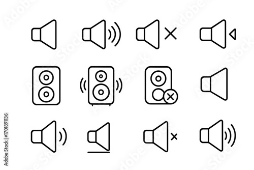 Speaker volume line icon set. Audio sound on, off, and mute buttons. Megaphone and speaker box symbols for web and app interface design. Vector graphic illustration pack.
