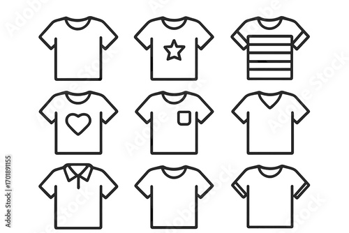 T-shirt icon set. Big bundle of shirt and apparel thin line icons. Vector symbols for web design, apps. Includes polo, v-neck, striped, heart, star print. Editable stroke.