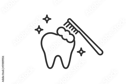 Tooth cleaning line icon. Oral hygiene, dental care concept. Toothbrush brushing a molar with toothpaste for a healthy, clean smile. Dentistry, stomatology vector symbol.