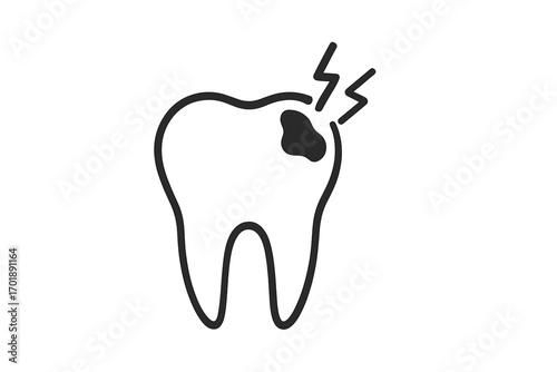 Toothache icon with caries and pain symbol. Concept for dental problem with cavity and decay. Unhealthy sad tooth vector. Stomatology, oral hygiene and dentistry disease sign.
