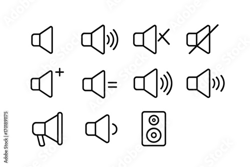 Sound volume line icon collection. Vector audio speaker pictogram set. Mute, unmute, plus, minus symbols. Megaphone and bullhorn signs. Music player user interface buttons.