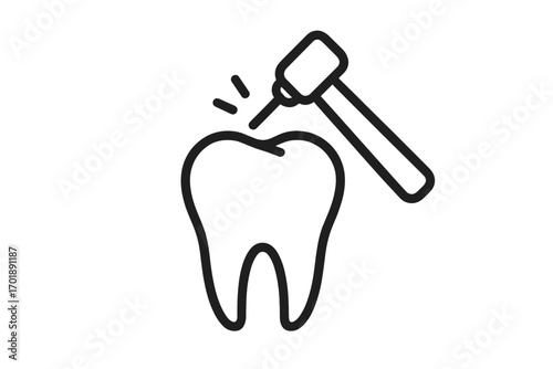 Tooth drilling icon for dental care. Dentist drill treats caries and decay. Vector line art symbol for dentistry, stomatology, and oral health. Minimalistic medical illustration.