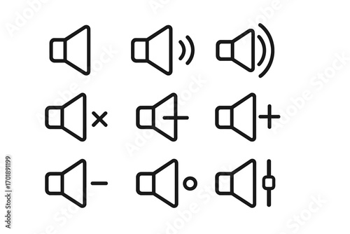 Speaker volume control line icon set. Audio sound pictograms for web and app UI design. Vector media player button collection with mute, plus, minus, and level adjustment signs.