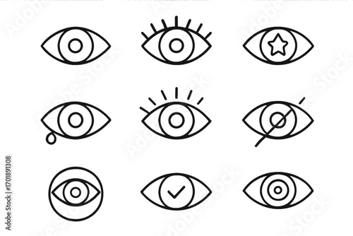 Eye icon set. Thin line vector symbols. Vision, looking, seeing concepts. Sad, favorite, hidden, blind, approved, focus ideas. UI UX graphic elements for web design.