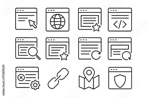 Web page line icon set for UI UX design. Website development and browser interface outline pictograms. Vector collection of internet, search, security, and navigation signs.