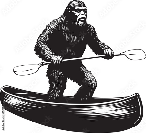 Bigfoot Canoeing Silhouette on Transparent Background