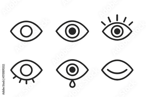 Set of modern eye icons in a simple outline style. Vector symbols for vision, emotions, and expressions like sad, happy, watching. Linear pictograms for UI, UX, and app design.
