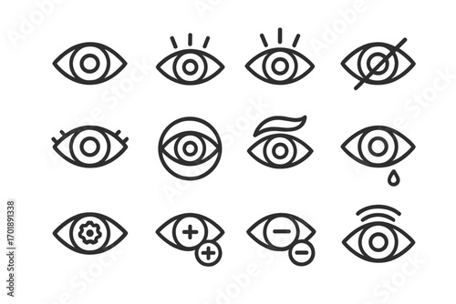 Eye icons line set. Vision, see, look symbols. Modern outline style for apps, web design. Vector graphic collection. Blind, crying, zoom, bionic eye concepts illustration.