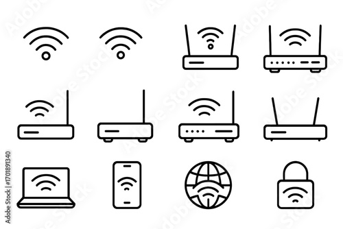 WiFi and router line icon set. Wireless internet connection signs. Technology vector collection for web design, apps. Network, signal, modem, hotspot, data, security symbols.
