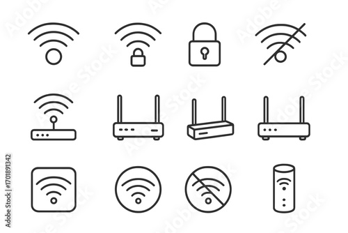 WiFi and router line icon set. Wireless internet connection, network signal, and security symbols. Vector outline pictograms for web, apps, and graphic design. Connectivity concept.