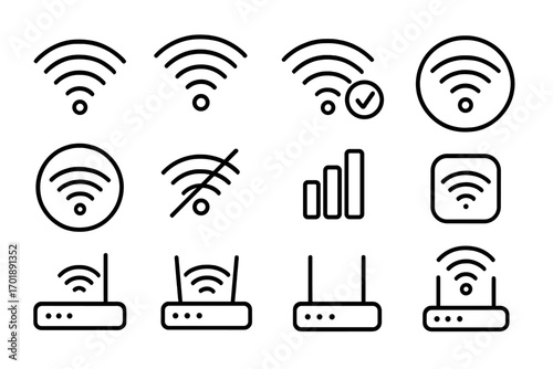 Wifi and router line icon set. Wireless internet connection signs for web design, apps. Vector symbols collection for network, signal strength, hotspot and connectivity.