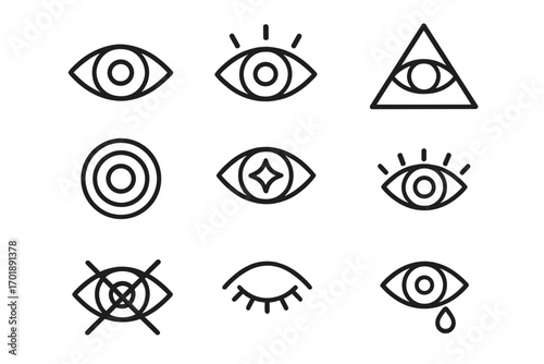 Eye thin line icon set. Vision, look, see concepts. All-seeing eye of providence, sad crying tear, blind, closed sleep symbols. Esoteric, spiritual, focus & idea signs. Vector.