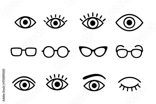 Eye and glasses line icon bundle. Outline signs for graphic and web design, apps. Vision, see, look concept. Eyewear, spectacles, optometry, ophthalmology symbols.