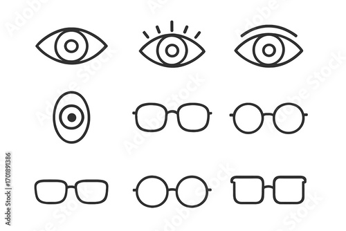 Eye and glasses line icon pack. Outline signs for graphic and web design. Vision, see, look concept. Ophthalmology, optometry symbol. Eyewear, spectacles pictogram set.