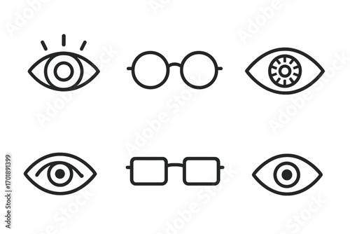 Eye and glasses vector icon set. Modern outline style. Vision, see, sight, look concept. Ophthalmology, optician, optics symbol. Eyewear, eyeball pictogram for web design.