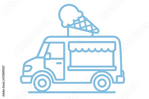 Ice cream truck line icon. Food truck vector symbol for delivery service. Mobile street food van with ice cone on top. Summer dessert business concept for web, apps.