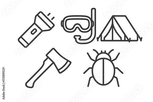 Outdoor adventure and camping line icon set. Recreation and travel symbols collection. Vector pictograms for web, apps. Includes tent, axe, flashlight, diving mask, insect.