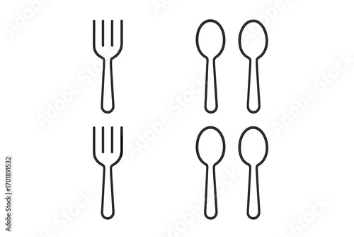 Fork and spoon icon set. Simple thin line cutlery symbols. Kitchen utensil, restaurant menu, food, eating, dinner concept. Minimalist silverware outline vector illustration.