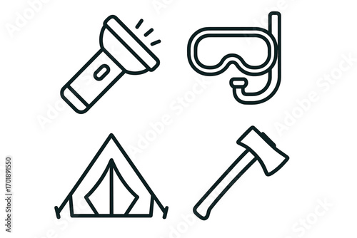 Camping and adventure line icon set. Outdoor recreation and travel equipment symbols. Vector collection with flashlight, tent, axe, and diving mask for web and apps.