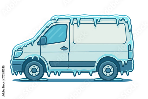 Frozen delivery van covered in ice and icicles. Commercial truck for refrigerated transport. Vector cartoon illustration of cold weather, winter, and climate concepts.