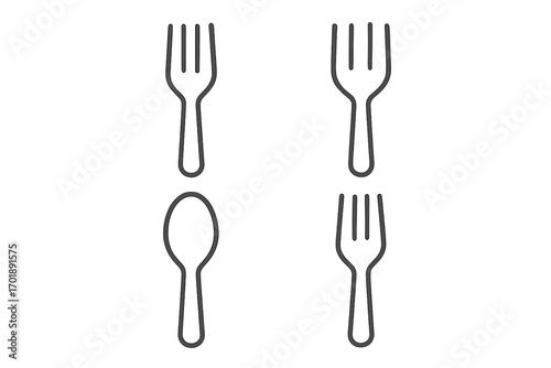 Fork and spoon icon set. Minimalist thin line art cutlery collection. Vector illustration with editable stroke for restaurant menu, food app, or web design graphic.