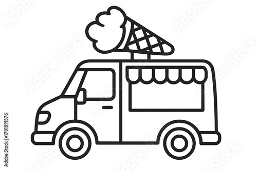 Ice cream truck vector line icon. Food truck outline illustration. Mobile van for summer dessert street food. Sweet snack delivery vehicle concept. Simple cartoon graphic.