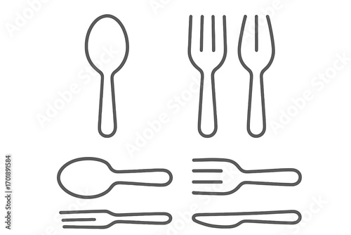 Cutlery icon set with fork, spoon, knife. Thin line style vector icons for restaurant menu, cooking blog, web design. Minimalist utensil silhouette symbols collection. Editable stroke.
