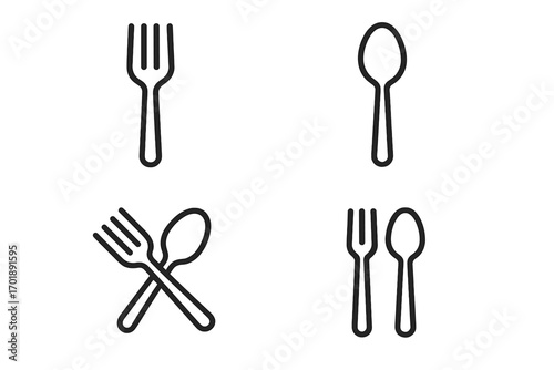 Fork and spoon line icon set. Cutlery vector collection for restaurant menu, cafe, cooking blog. Simple outline silverware symbol for eating, food, dinner, lunch. Editable stroke.