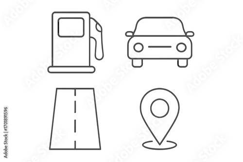 Transport and travel icon set. Gas station, car, road, and map pin line icons. Vector illustration for navigation, destination, fuel, and automobile concepts. Editable stroke.