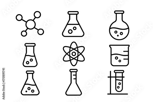 Chemistry lab and science line icon set. Vector symbols of scientific research, experiment, education. Editable stroke illustration for graphic design. Molecule, atom, flask.
