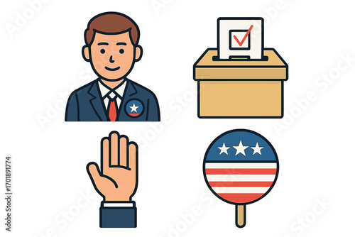 USA election icon set. Political candidate, ballot box, voting concept & campaign elements. American president vote illustration. Vector line icons for web, apps, infographics.