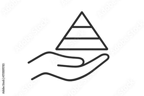 Hand holding pyramid icon. Maslow hierarchy of needs symbol. Psychology theory of human motivation, growth, and fundamental needs. Business management vector illustration.