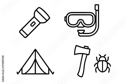 Camping and outdoor adventure line icon set. Collection of hiking, travel, and recreation symbols. Vector icons of tent, flashlight, axe, snorkel mask, and insect.