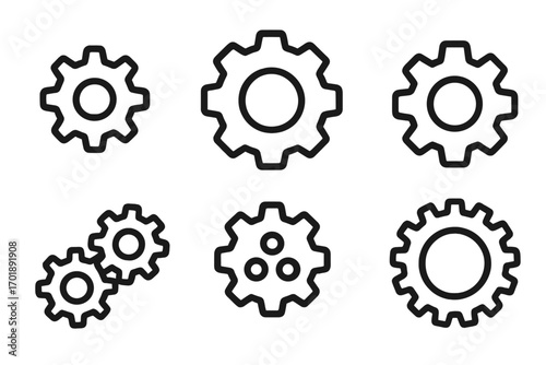 Gear and cogwheel outline icon set. Vector cog wheel collection for settings, options, and configuration. Simple machine element symbols for engineering, progress, and system.