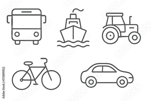 Transport and vehicle thin line icon set. Bus, ship, tractor, bicycle, car symbols. Simple linear outline pictograms for web and mobile. Editable stroke vector graphics.