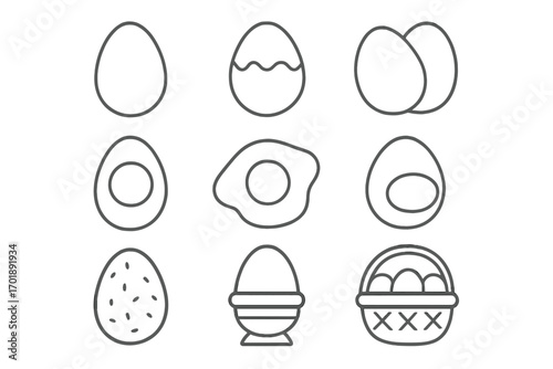 Egg icon collection thin line vector set. Breakfast food symbols. Fried, hard boiled, poached eggs, basket, egg cup. Easter decoration. Outline design for web, app, infographic.