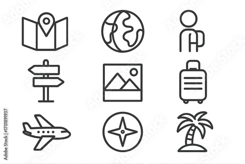 Travel icon collection. Line icon set of tourism and vacation. Vector concepts for journey, trip, and adventure. Includes map, airplane, globe, luggage, compass, and holiday symbols.