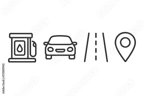 Car travel and navigation icon set. Gas station, automobile, road, and map pin locator symbols. Vector line art for apps and websites. Driving, transport, and route concept.