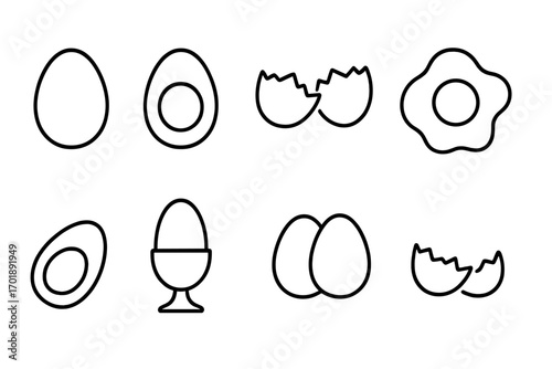 Egg line icon set. Minimalist food symbols for breakfast & cooking. Includes fried, hard boiled, broken shell, cracked, whole egg, yolk, and eggcup. Outline vector graphic.