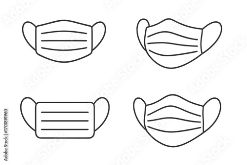 Medical face mask line icon set. Health care, virus protection, pandemic safety concept. Surgical respiratory mask outline symbol collection for web, app, infographics.