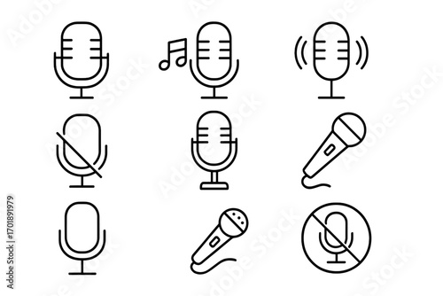 Microphone line icon set. Audio record, broadcast, podcast and voice symbols. Sound music pictogram collection. Mic on, off, and mute icons for web and app UI design.