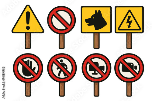 A collection of warning and prohibition signs. Danger and attention symbols. Vector icons for safety and security. High voltage, no entry, beware of dog, no photography.