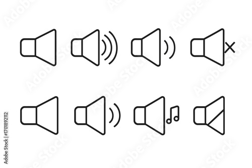 Speaker line icon set. Volume control buttons for UI and UX design. Sound on, off, and mute symbols. Audio level graphic elements. Vector illustration for web and mobile apps.