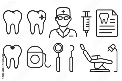 Dentist icon set. Dental clinic line symbols. Stomatology outline collection. Tooth, cavity, doctor, floss, syringe, chair, tools. Oral hygiene and healthcare vector pack.