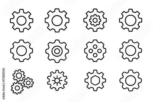 Gear and cogwheel outline icon set. Collection of simple linear vector symbols for cogs. Mechanical, engineering, technology, and settings concept for web design and apps.