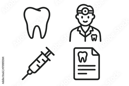Dental care and stomatology line icon set. Vector symbols for dentistry, clinic, and medical services. Tooth, dentist, syringe for anesthesia, and prescription record icons.